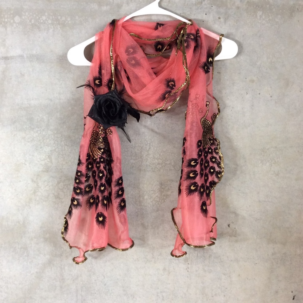 🎀 PEACOCK EMBROIDERED SCARF LONG WRAP BOHO CHIC PRETTY PINK VINTAGE DESIGNER - Picture 4 of 8